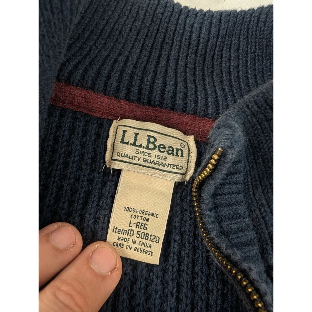 LL Bean Men's Large 100% Organic Cotton Waffle Knit 1/4 Zip Sweater Blue Heavy‎